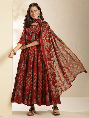 Maroon Cotton Calf Length Printed 3/4 Sleeve Key Hole Neck Tired Kurta Suit Set