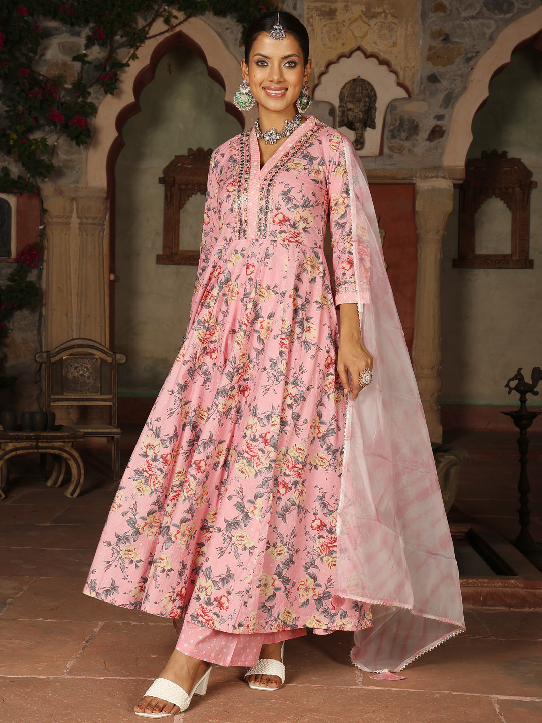 Pink Cotton Calf Length Printed Flared 3/4 Sleeves V-Neck Kurta Suit Set