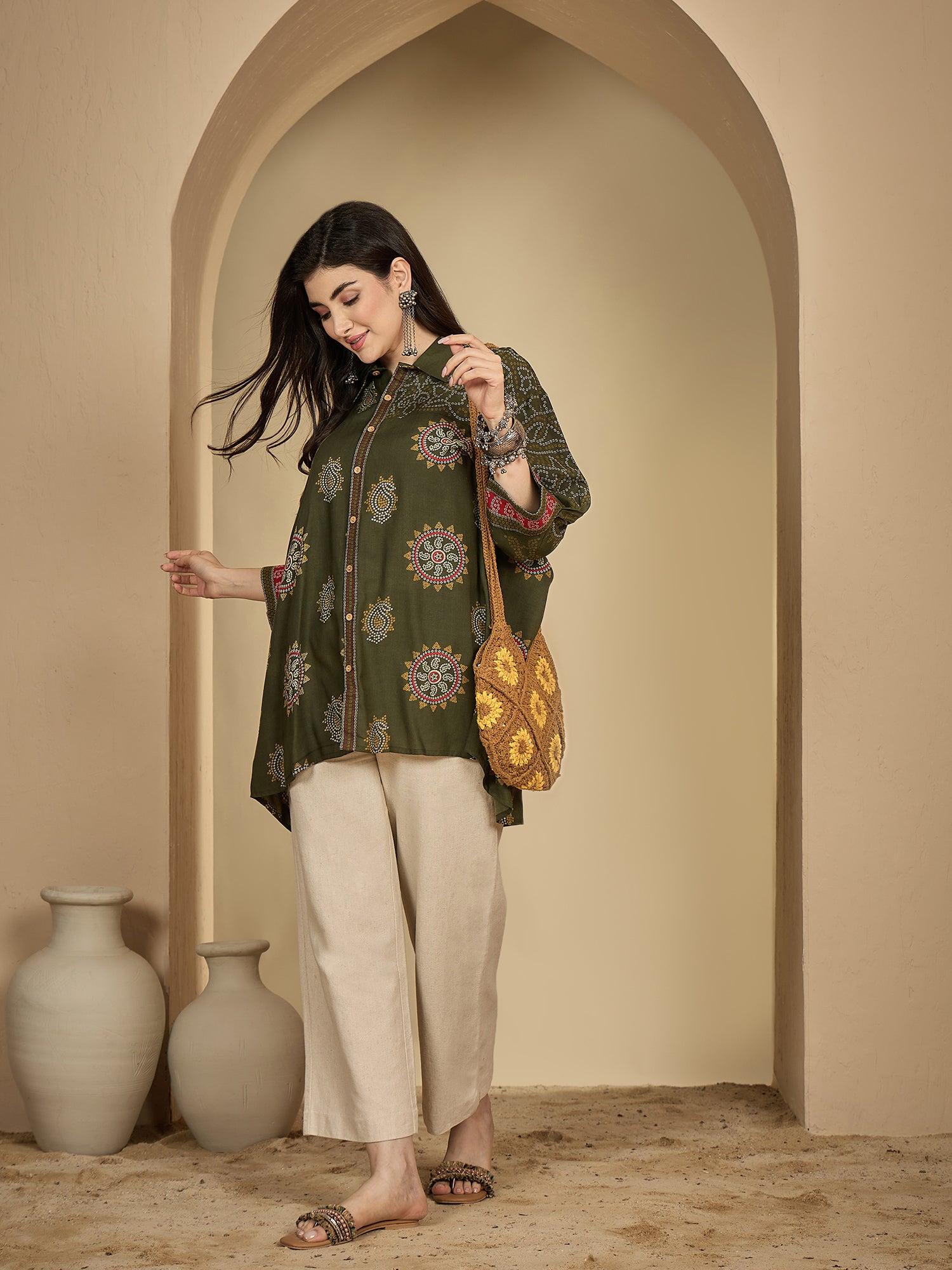 Green Rayon Hip Length Printed 3/4 Sleeve Shirt Collar Flared Top