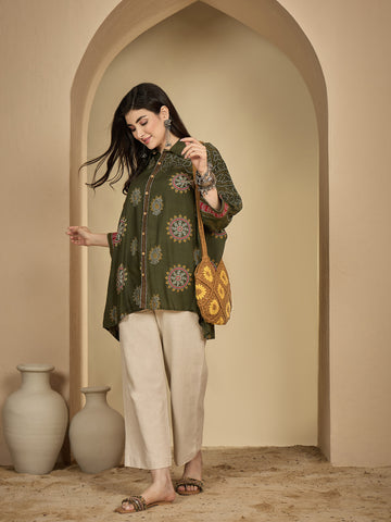 Green Rayon Hip Length Printed 3/4 Sleeve Shirt Collar Flared Top