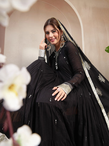 Black Malmal Calf Length Solid Full Sleeve Key Hole Neck Anarkali Kurta Suit Set