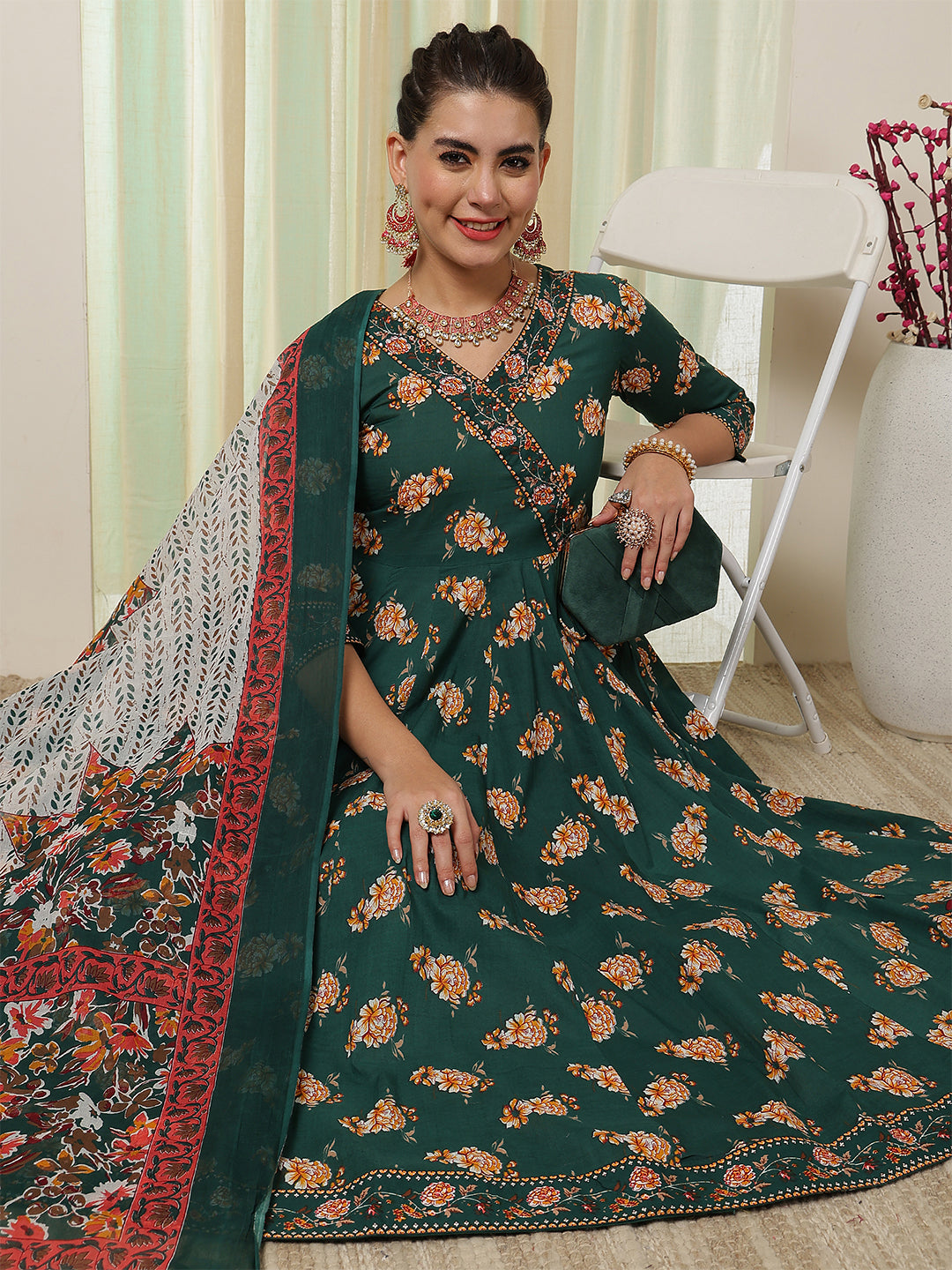 Green Cotton Calf Length Printed Flared 3/4 Sleeves V-Neck Kurta Suit Set