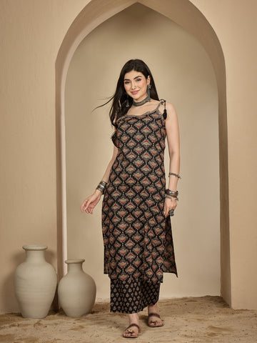 Black Rayon Calf Length Printed Strappy Sleeve Round Neck A-Line Kurta Suit Set
