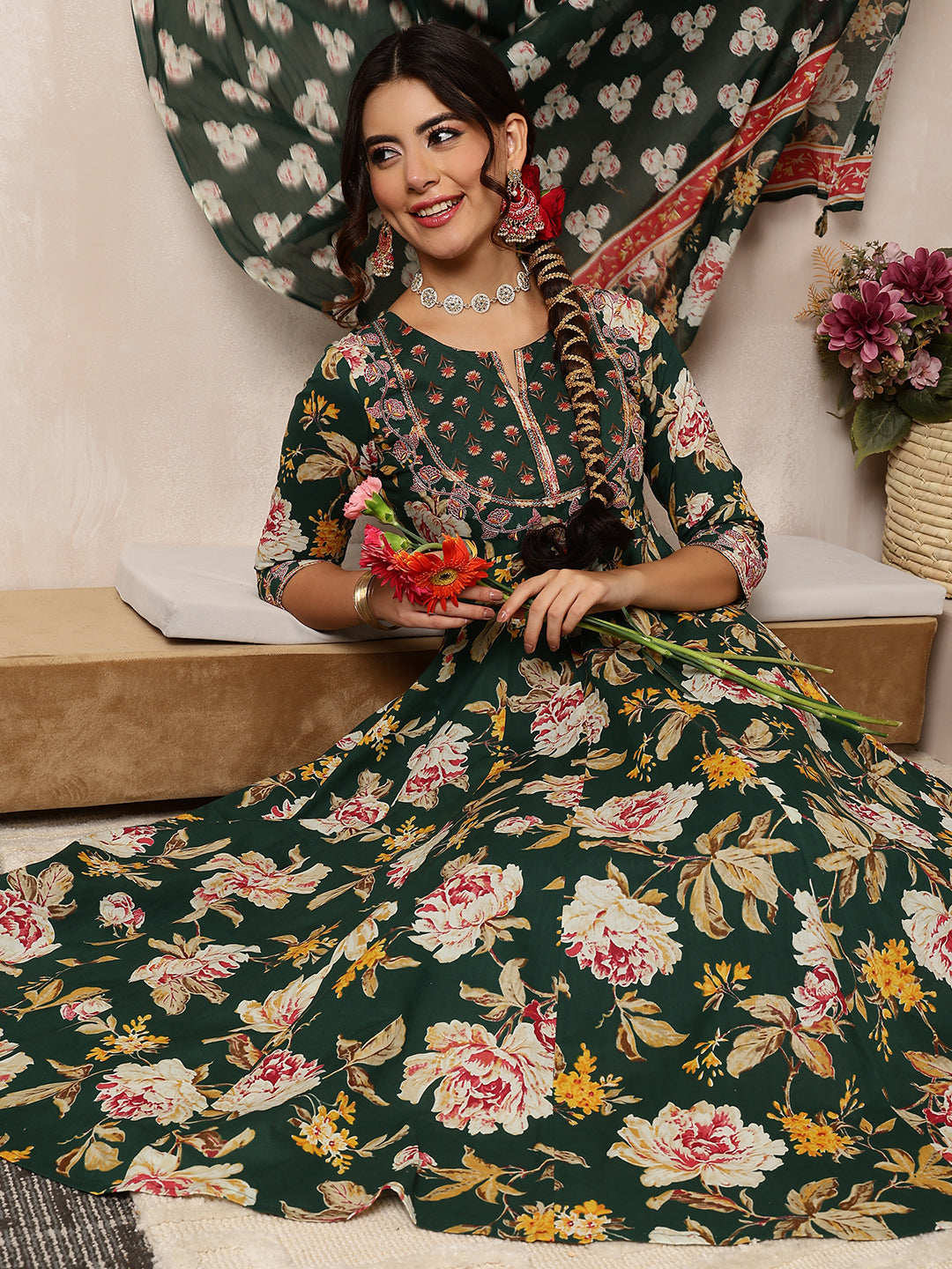 Green Cotton Calf Length Printed Flared 3/4 Sleeves Round Neck Kurta Bottom Dupatta Set