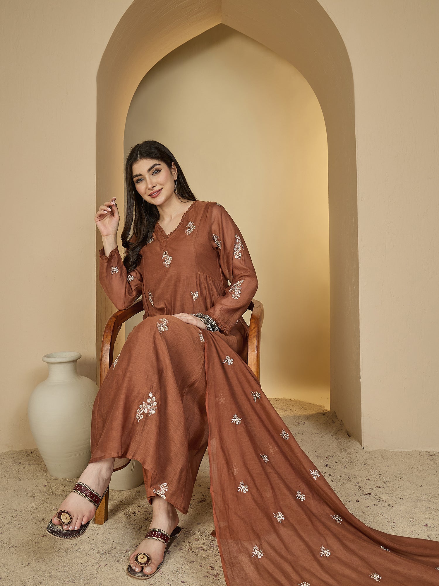 Rust Chanderi Calf Length Solid 3/4 Sleeves V-Neck Flared Kurta Suit Set