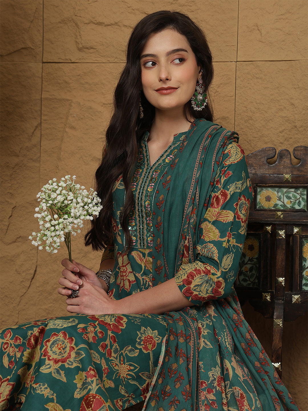 Teal Cotton Calf Length Printed 3/4 Sleeves Mandarin Collar Straight Kurta Suit Set