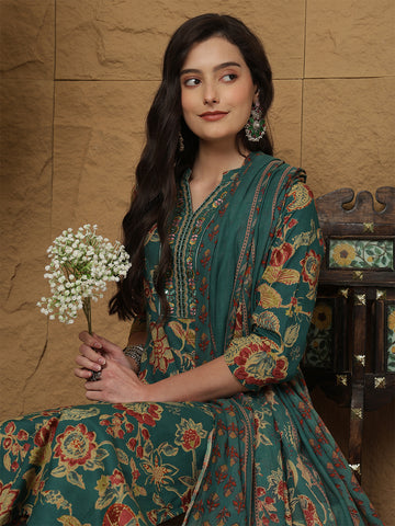 Teal Cotton Calf Length Printed 3/4 Sleeves Mandarin Collar Straight Kurta Suit Set