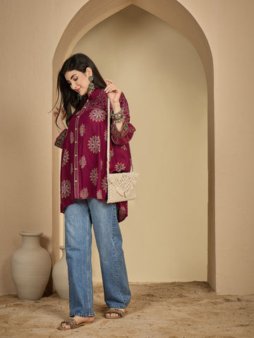 Wine Rayon Hip Length Printed 3/4 Sleeve Shirt Collar Flared Top