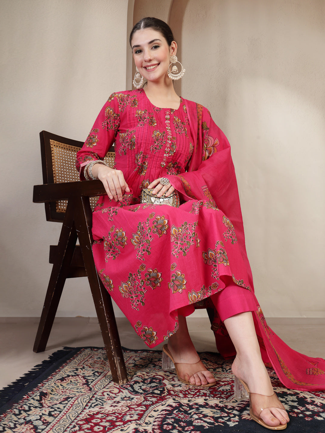 Pink Cotton Calf Length Printed 3/4 Sleeve Round Neck A Line Kurta Suit Set