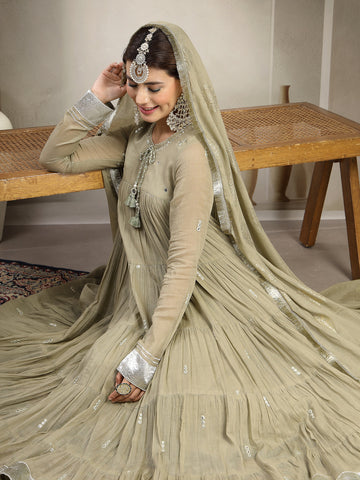 Mint Green Malmal Calf Length Solid Full Sleeve Key Hole Neck Anarkali Kurta Suit Set