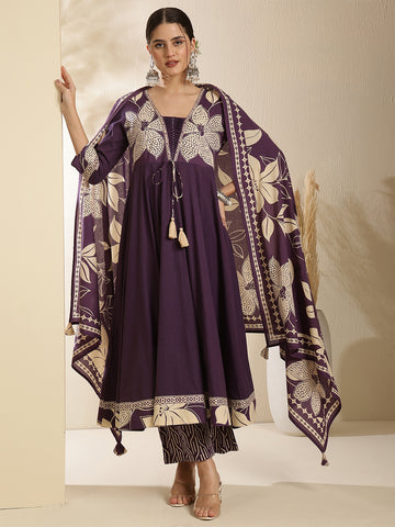 Purple Cotton Calf Length Printed 3/4 Sleeve V-Neck Anarkali Kurta Suit Set
