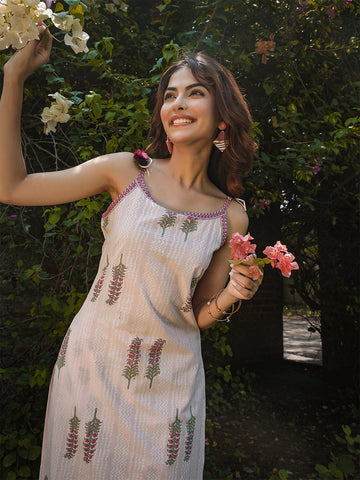 Purple Rayon Calf Length Printed Strappy Sleeve Round Neck Straight Kurta Bottom Set