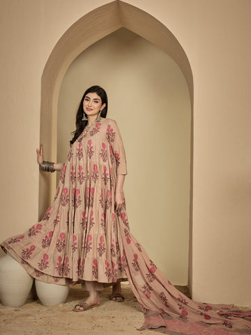 Cotton Ankle Length Printed 3/4 Sleeve Key Hole Neck Anarkali Kurta Suit Set