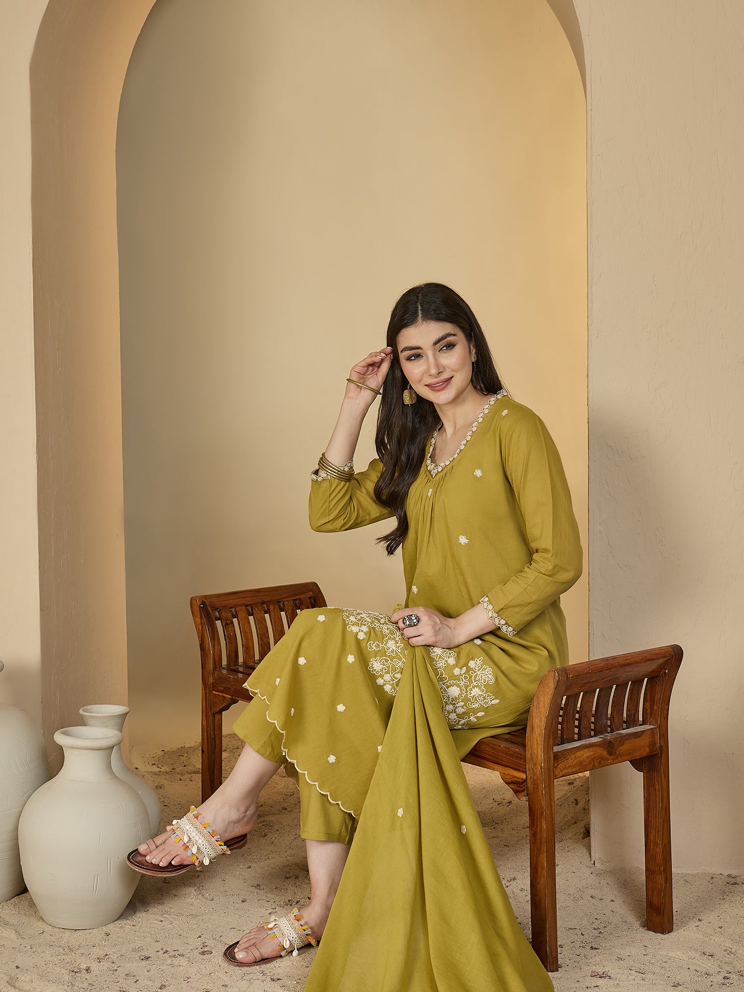 Green Cotton Calf Length Solid 3/4 Sleeves V-Neck A-Line Kurta Suit Set