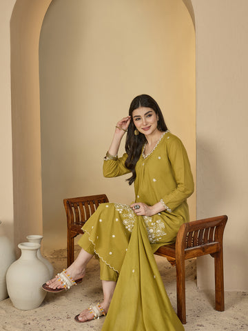 Green Cotton Calf Length Solid 3/4 Sleeves V-Neck A-Line Kurta Suit Set