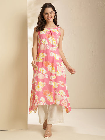 Peach Rayon Calf Length Printed Sleeveless Round Neck Asymmetrical Kurta
