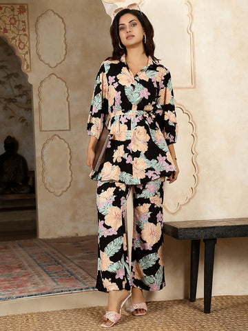 Black Cotton Hip Length Printed Straight 3/4 Sleeves Collar Neck Kurta Bottom Set