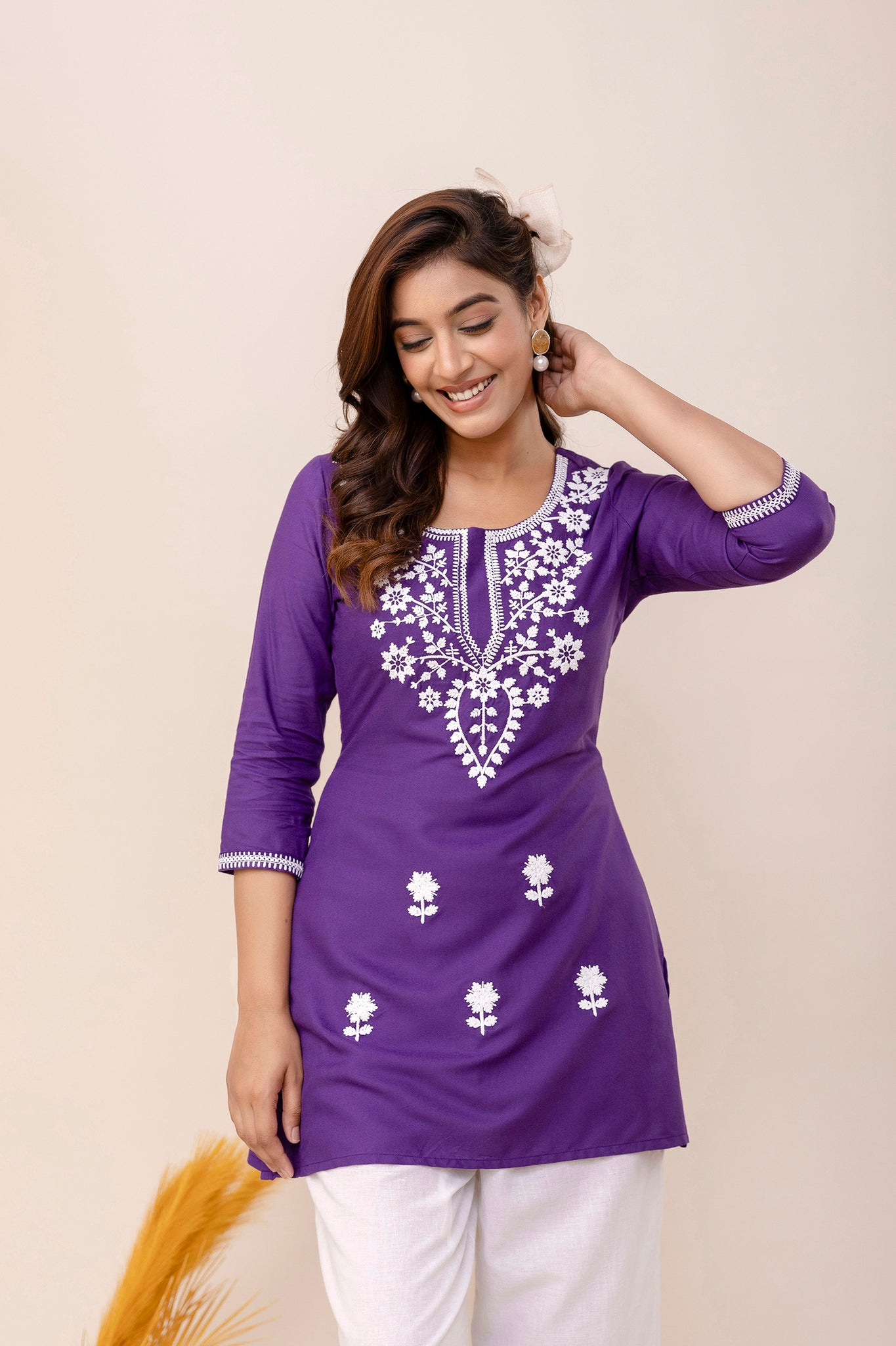 Purple Rayon Hip Length Round Neck A-Line Top