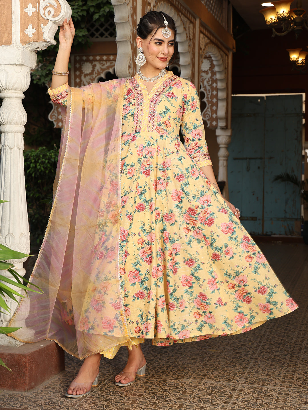 Yellow Cotton Calf Length Printed Flared 3/4 Sleeves V-Neck Kurta Suit Set