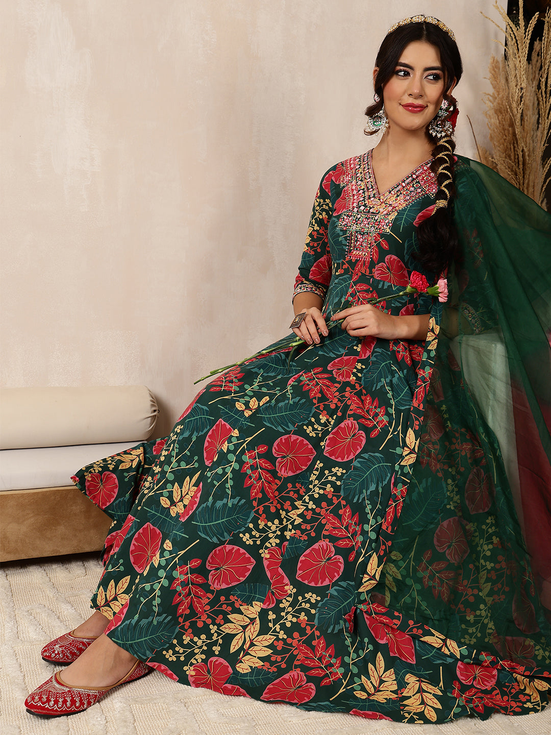 Green Cotton Calf Length Printed Flared 3/4 Sleeves V-Neck Kurta Bottom Dupatta Set