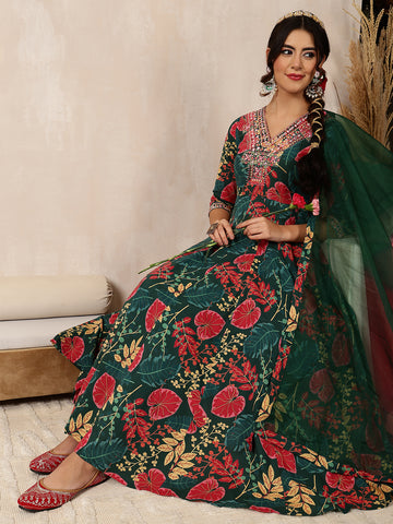 Green Cotton Calf Length Printed Flared 3/4 Sleeves V-Neck Kurta Bottom Dupatta Set