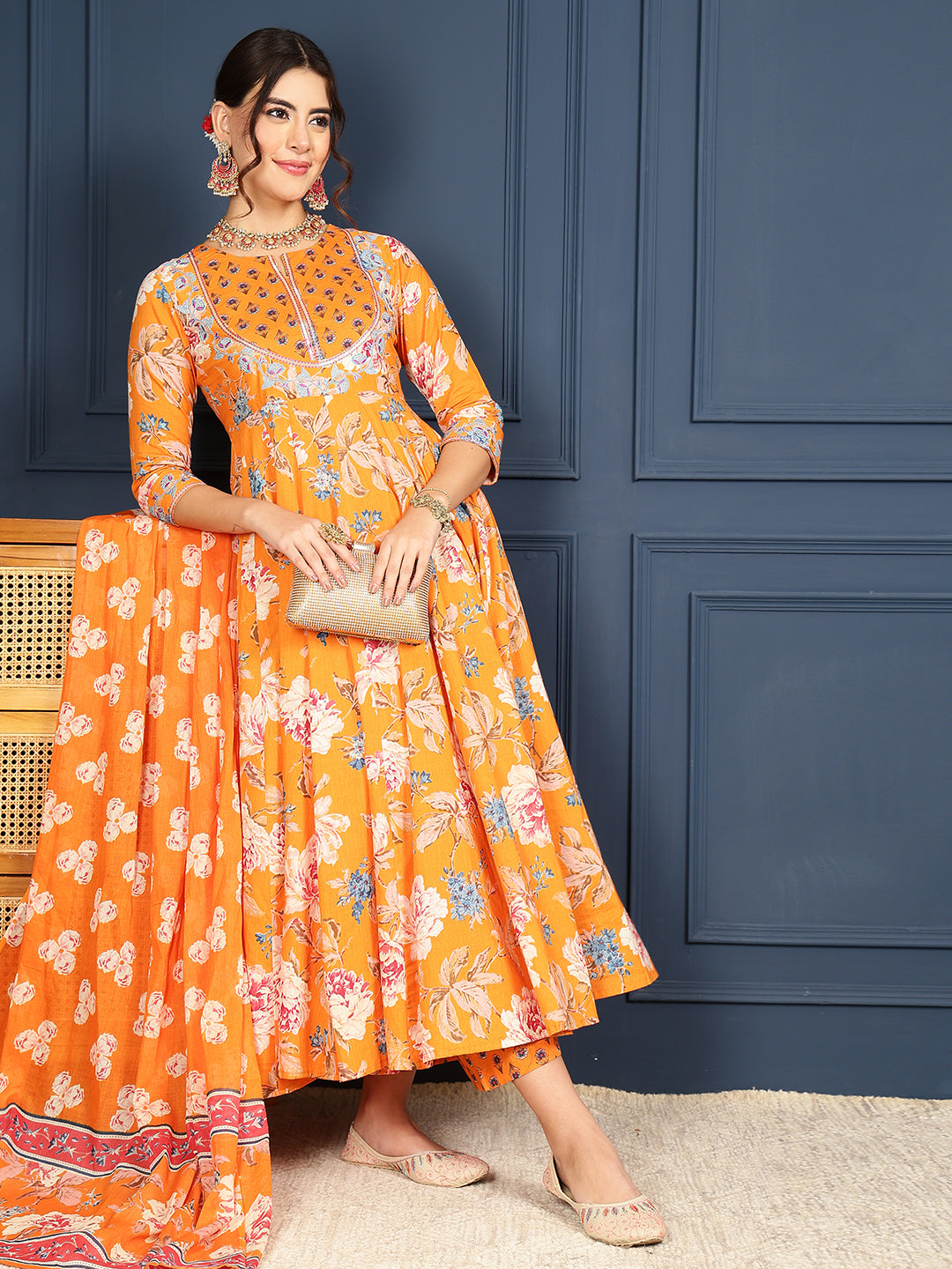 Orange Cotton Calf Length Printed Flared 3/4 Sleeves Round Neck Kurta Bottom Dupatta Set