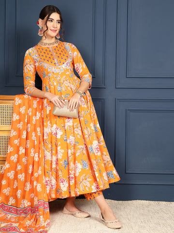 Orange Cotton Calf Length Printed Flared 3/4 Sleeves Round Neck Kurta Bottom Dupatta Set