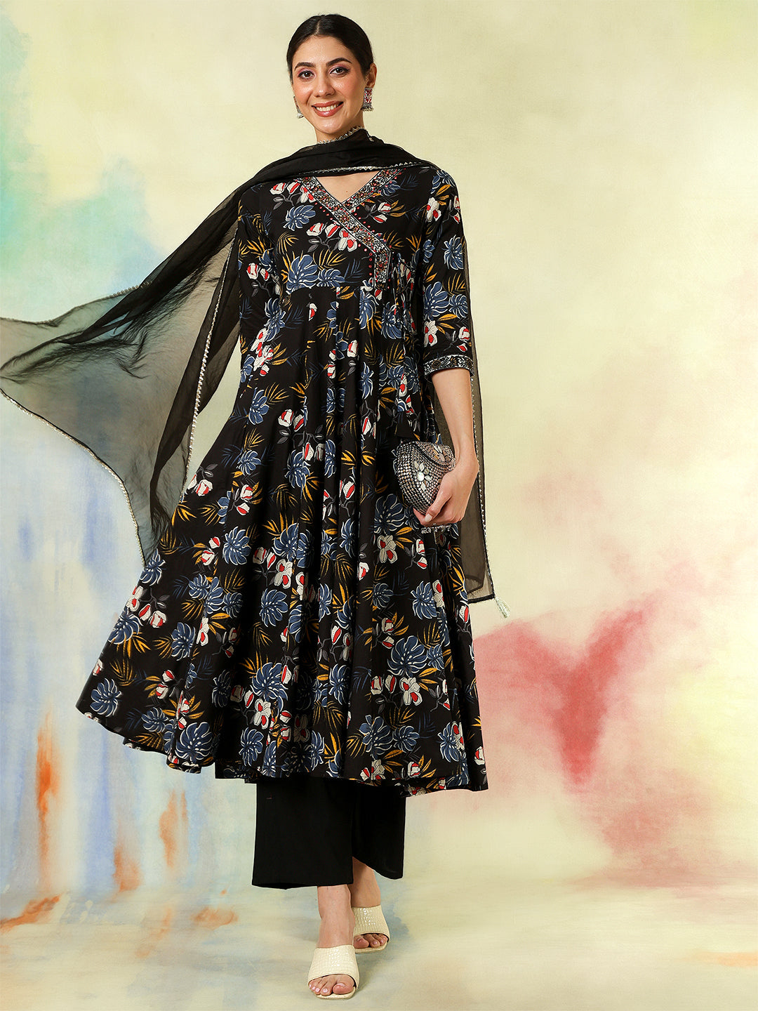 Black Cotton Calf Length Printed Embroidered 3/4 Sleeves V-Neck Kurta Suit Set