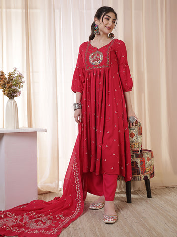 Rani Rayon Calf Length Printed 3/4 Sleeves Round Neck Flared Kurta Suit Set