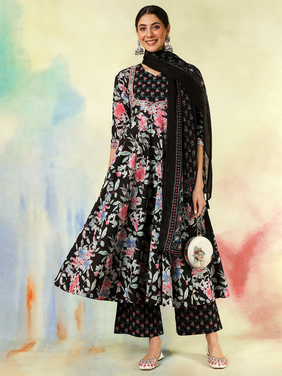 Black Cotton Calf Length Printed & Embroidered Flared 3/4 Sleeves Sweet Heart Neck Kurta Suit Set