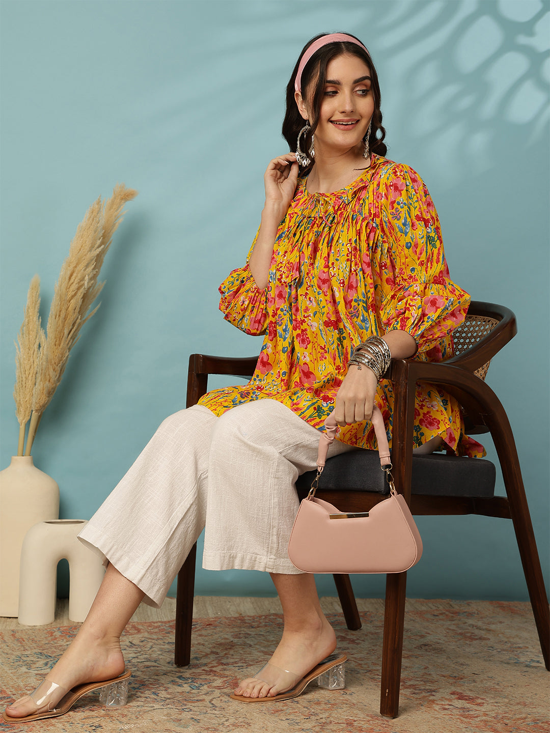 Yellow Women Printed 3/4 Sleeves Regular Pure Cotton Top