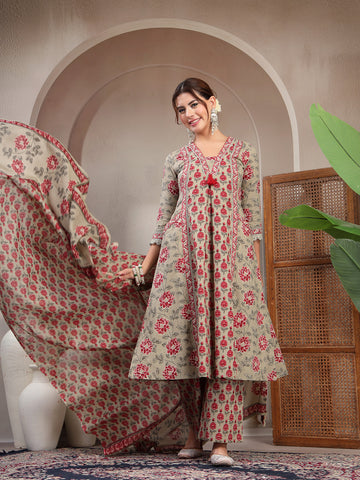 Kashish Cotton Calf Length Printed 3/4 Sleeve V-Neck A-Line Kurta Suit Set