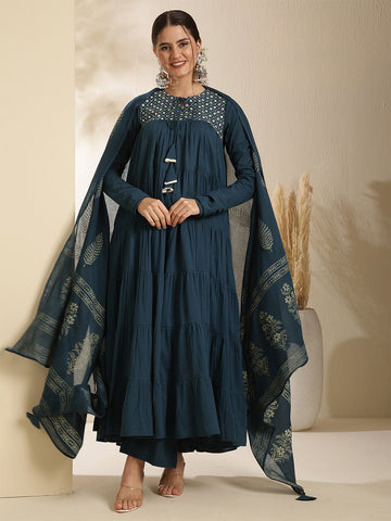 Teal Cotton Calf Length Printed Full Sleeve Key Hole Neck Tired Kurta Suit Set