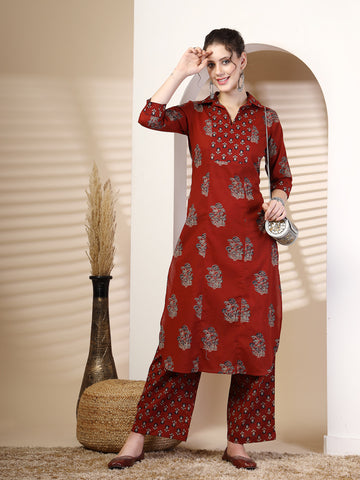 Maroon Cotton  Calf Length Printed Straight 3/4 Sleeves Coller Kurta Bottom Set