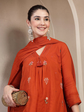 Rust Cotton Calf Length Printed 3/4 Sleeve V Neck Straight Kurta Suit Set