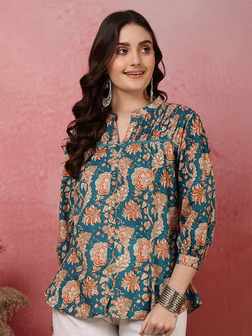 Teal Women Printed 3/4 Sleeves Regular Pure Cotton Top