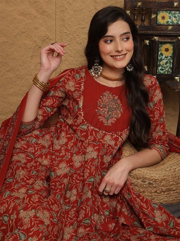 Maroon Cotton Calf Length Printed 3/4 Sleeves Round Neck Anarkali Kurta Suit Set