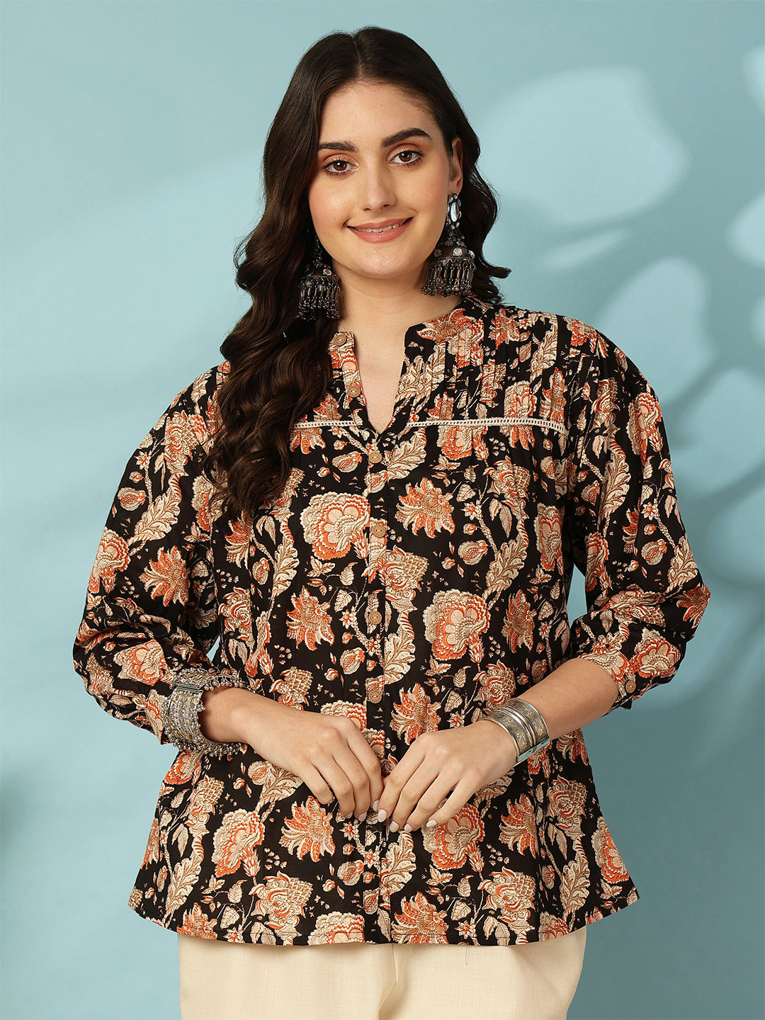 Black Women Printed 3/4 Sleeves Regular Pure Cotton Top