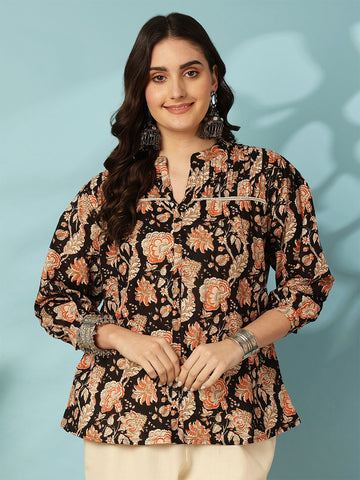 Black Women Printed 3/4 Sleeves Regular Pure Cotton Top