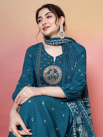 Turq Rayon Calf Length Printed 3/4 Sleeves Round Neck Flared Kurta Suit Set