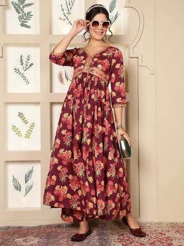 Wine Rayon Calf Length Printed Flared 3/4 Sleeves V-Neck Kurta Bottom Set