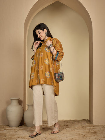 Mustard Rayon Hip Length Printed 3/4 Sleeve Shirt Collar Flared Top