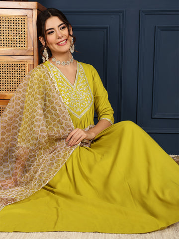 Lime Rayon Calf Length Solid Flared 3/4 Sleeves V-Neck Kurta Bottom Dupatta Set