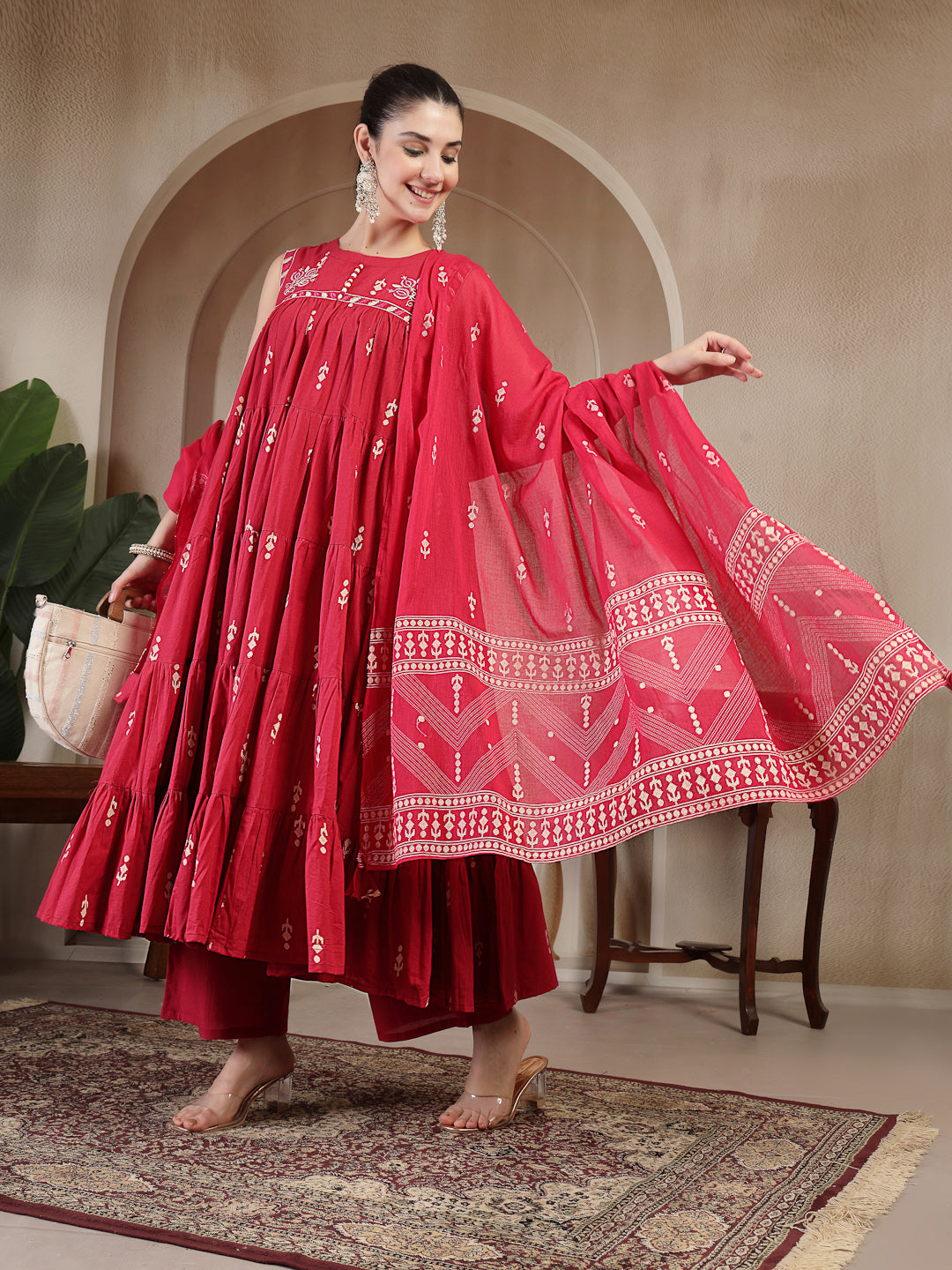 Coral Cotton Calf Length Printed Sleeveless Round Neck Flared Kurta Suit Set