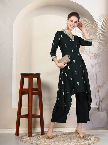 Bottle Green Rayon Calf Length Printed Asymmetric 3/4 Sleeves V Neck Kurta Suit Set