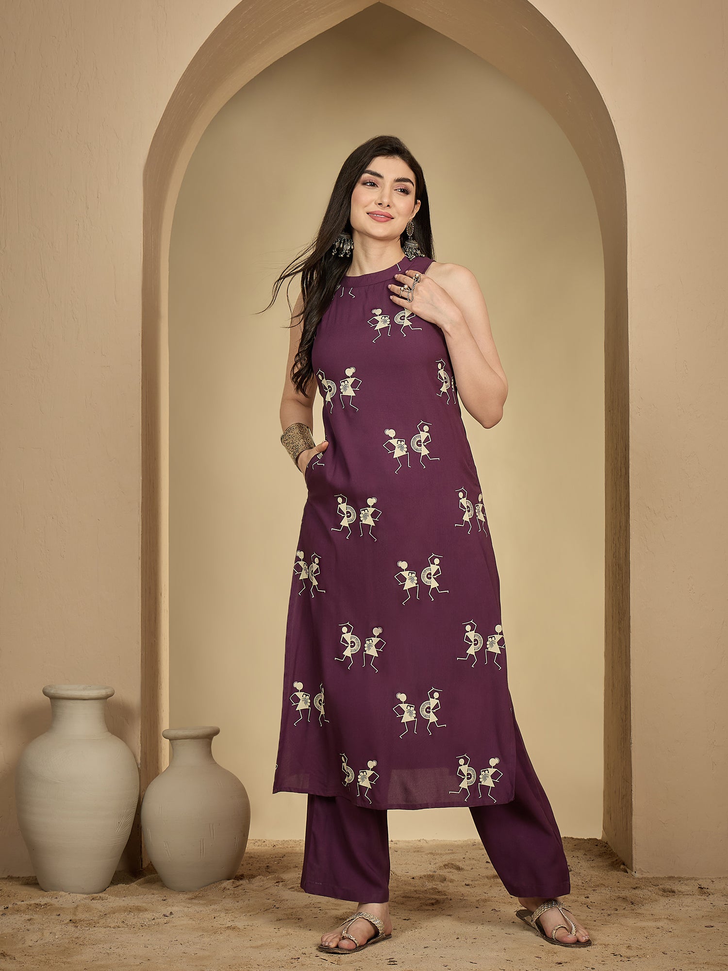 Wine Rayon Calf Length Printed Sleeveless Round Neck A-Line Kurta Suit Set