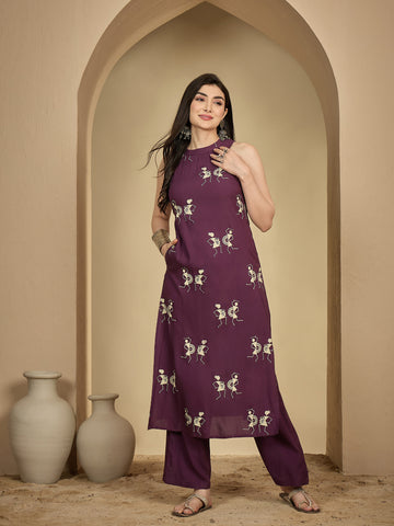 Wine Rayon Calf Length Printed Sleeveless Round Neck A-Line Kurta Suit Set