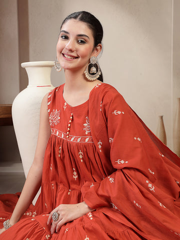 Rust Cotton Calf Length Printed Sleeveless Round Neck Flared Kurta Suit Set