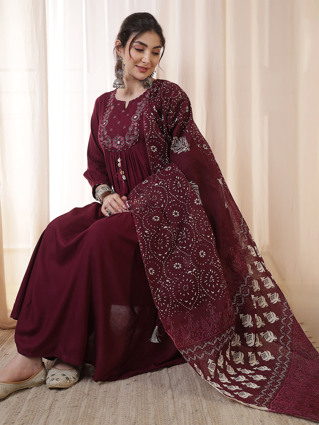 Wine Rayon Calf Length Solid 3/4 Sleeves Round Neck Flared Kurta Suit Set