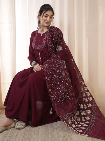 Wine Rayon Calf Length Solid 3/4 Sleeves Round Neck Flared Kurta Suit Set